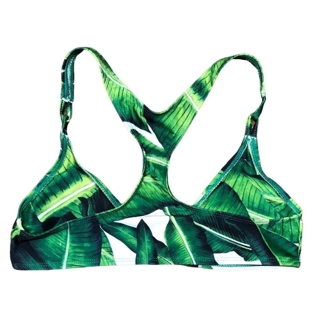 New - Racerback V-Neck Bikini Top Green & White Tropical Palm Print - Size Small